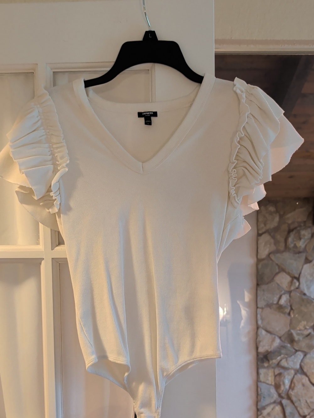 Express White V-Neck Ruffled Sleeve Bodysuit